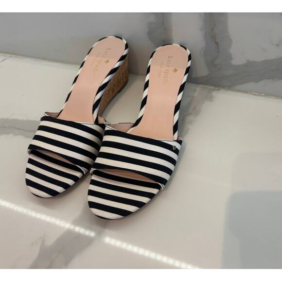 KATE SPADE NEW YORK LINDA WEDGE SANDALS NWOT SIZE 8.5 BLACK/WHITE CANVAS - Picture 3 of 6